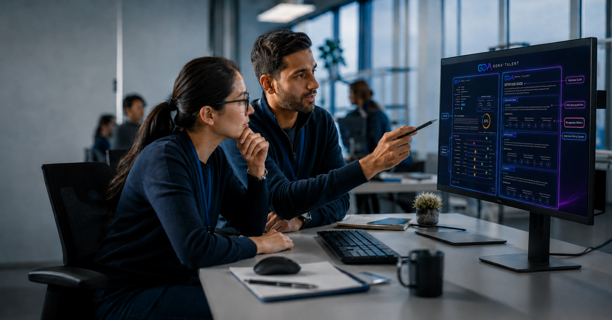 ODNA Talent branded article image of two IT professionals reviewing an ODNA Talent assessment report with Fit Score, Expected Behaviors, and structured interview guidance.