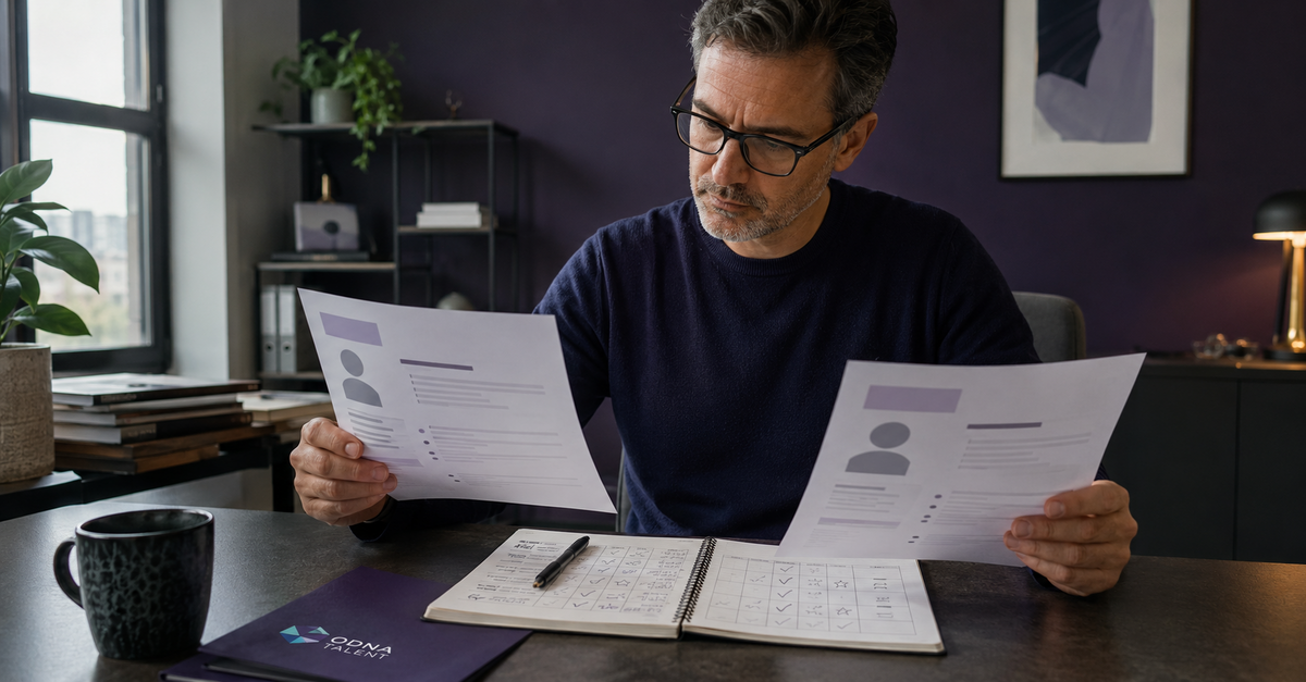ODNA Talent branded article image showing a hiring manager comparing two polished candidate resumes beside an evidence folder and structured evaluation notes.