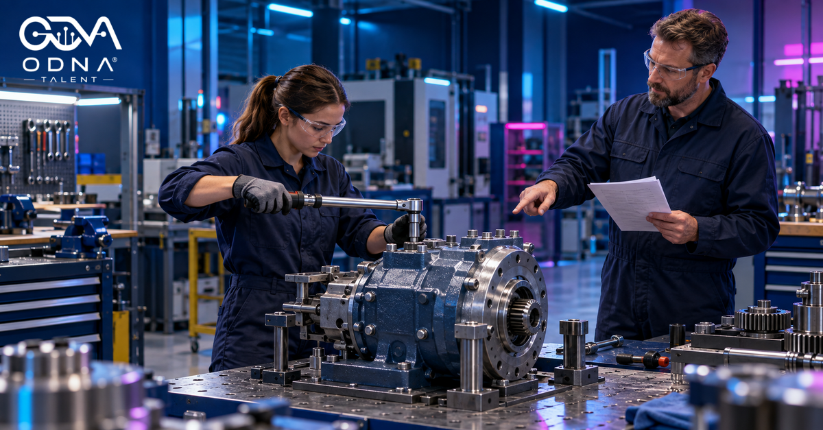 ODNA Talent branded article image showing an apprentice using a torque wrench on a training assembly while an experienced coach observes with a task checklist in a navy-lit industrial training bay.