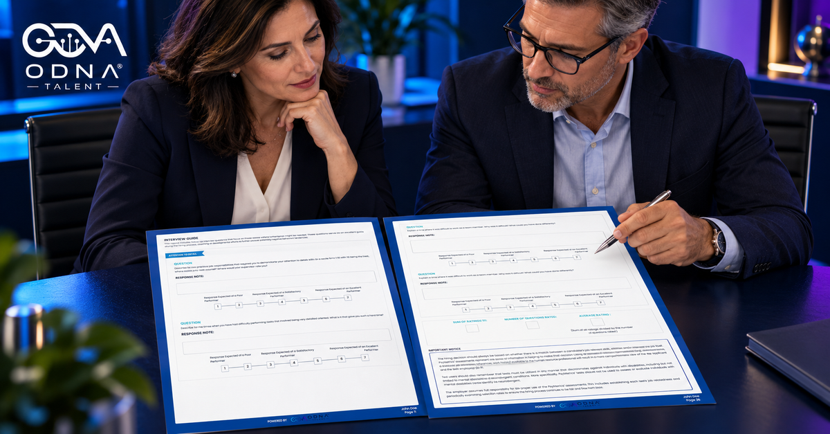 ODNA Talent branded article image showing two managers reviewing interview guide and interview rating report pages at a navy conference table.