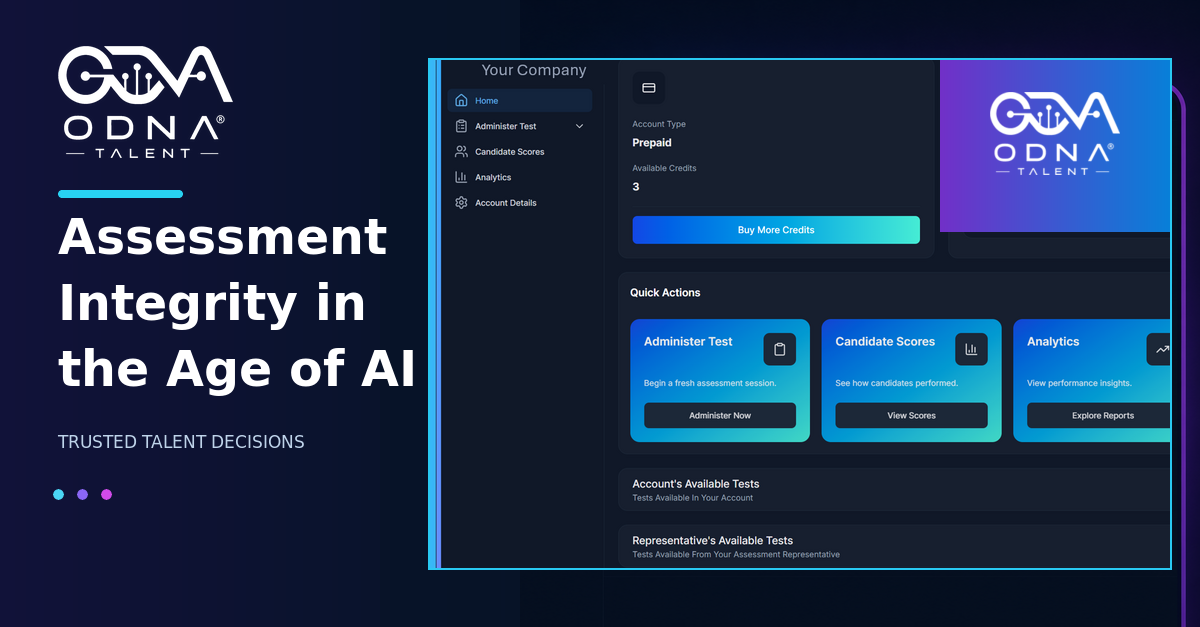 ODNA Talent branded article image featuring the real ODNA Talent platform assessment workflow for protecting evidence and assessment integrity.