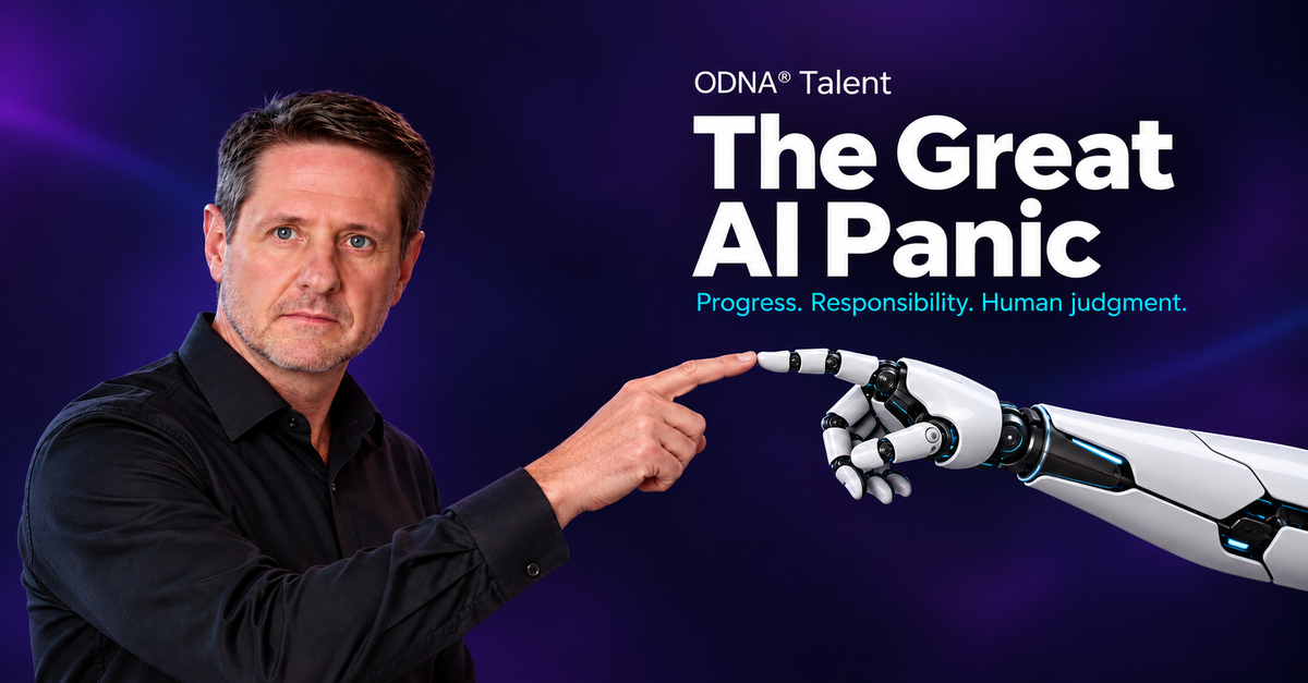 ODNA Talent branded article image showing John Beck touching fingertips with a robotic hand against a subdued violet background, beside the title The Great AI Panic.