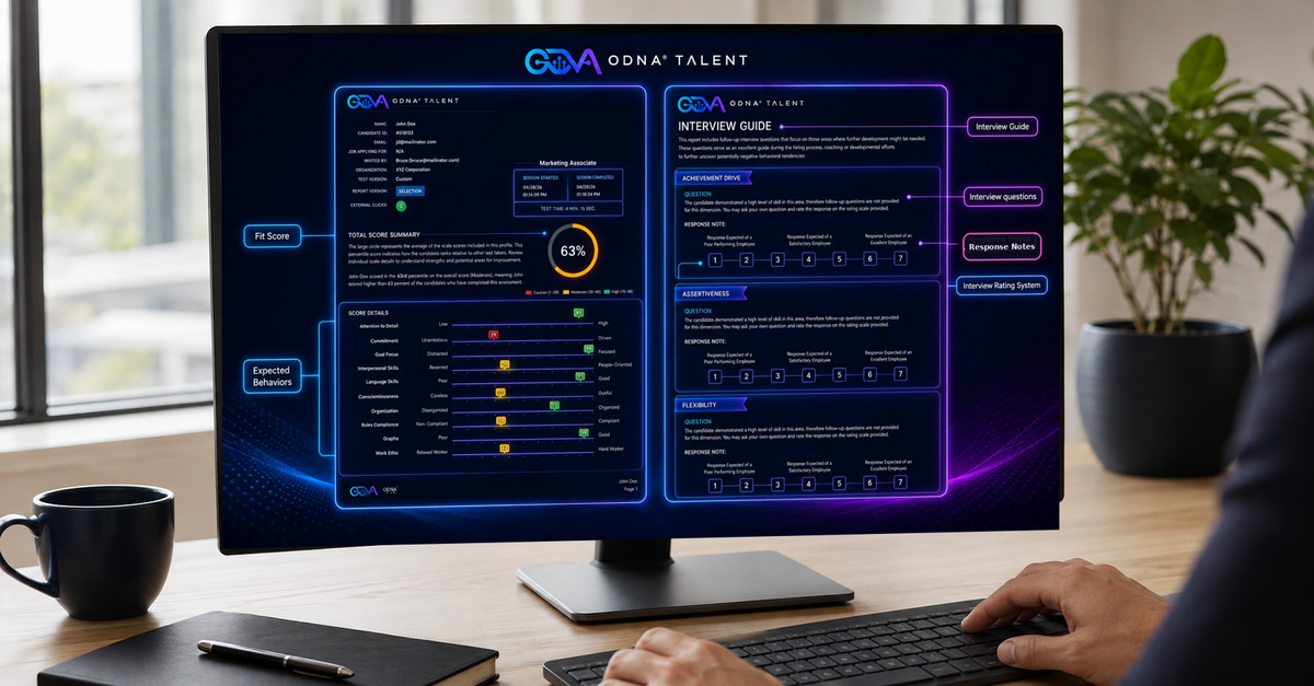 ODNA Talent branded article image featuring a real ODNA Talent assessment report used to support better hiring evidence in a slower labor market.