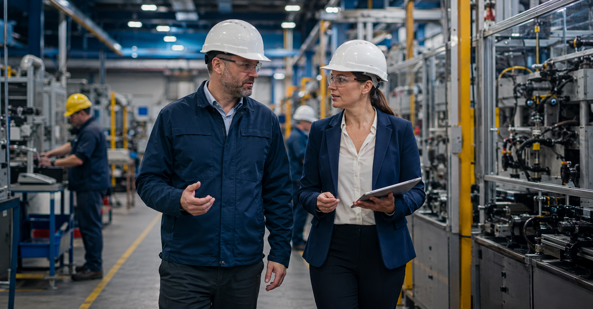 ODNA Talent branded article image of an operations leader and HR leader discussing hiring needs while walking through a modern factory.