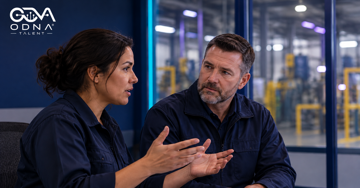 ODNA Talent branded article image showing a worker discussing a concern with a listening shift supervisor in a briefing room separated from an industrial work area by a glass partition.