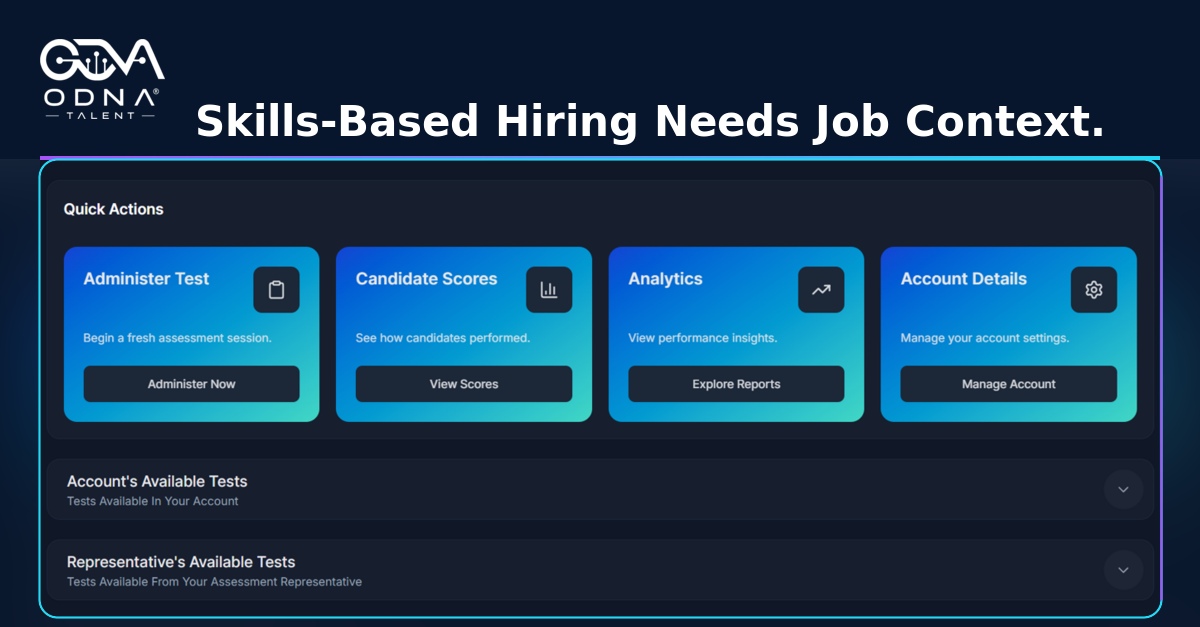 ODNA Talent branded article image featuring the Administer Test and Analytics workflow from the real ODNA Talent platform for skills-based hiring.